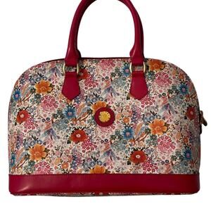 Michaelangelo Floral Dome Bag Red Leather Trim Satchel Handbag Purse Italy